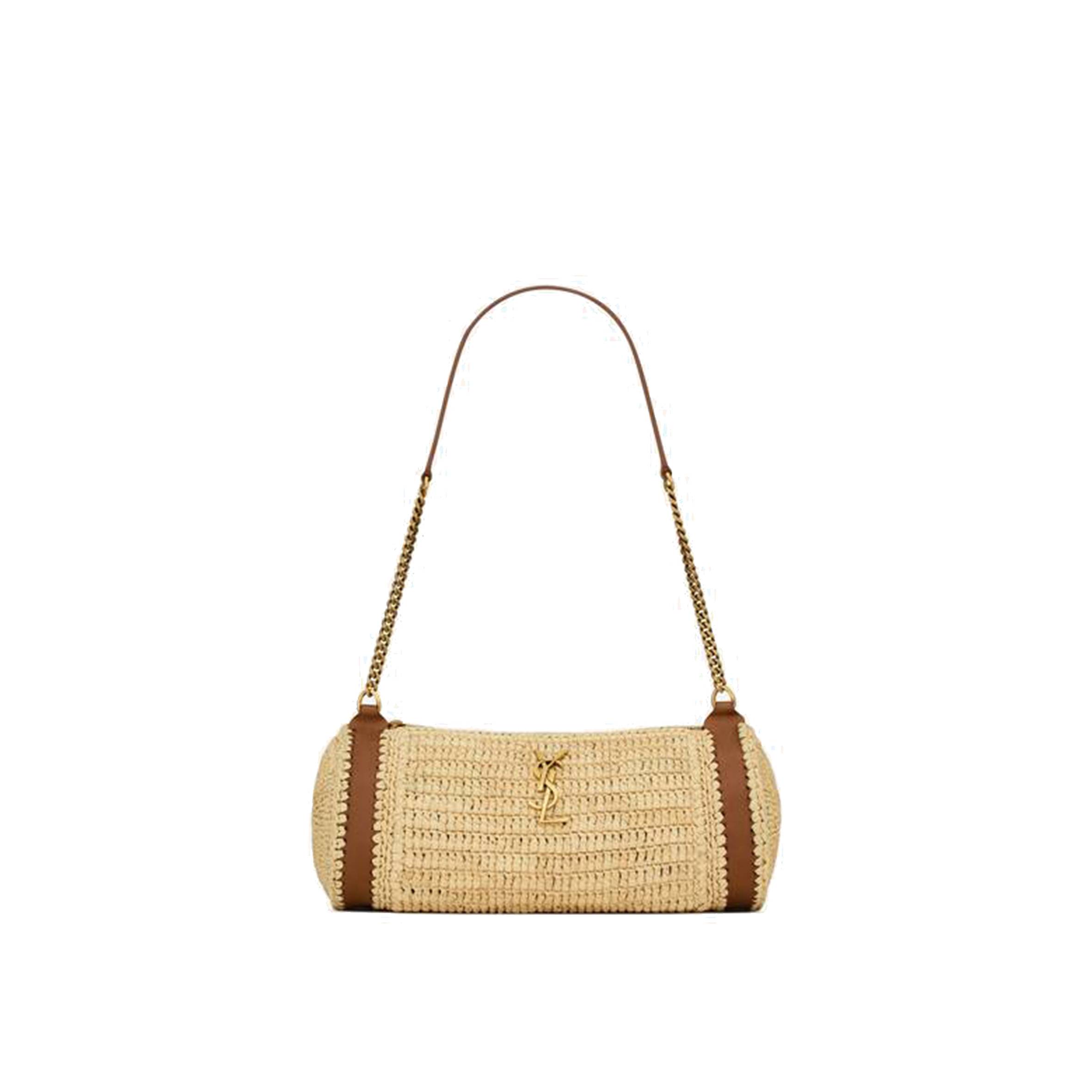 YSL CASSANDRE SMALL CYLINDRIC BAG IN RAFFIA AND VEGETABLE-TANNED LEATHER 744504GAABN2080 (24.5*11*11cm)