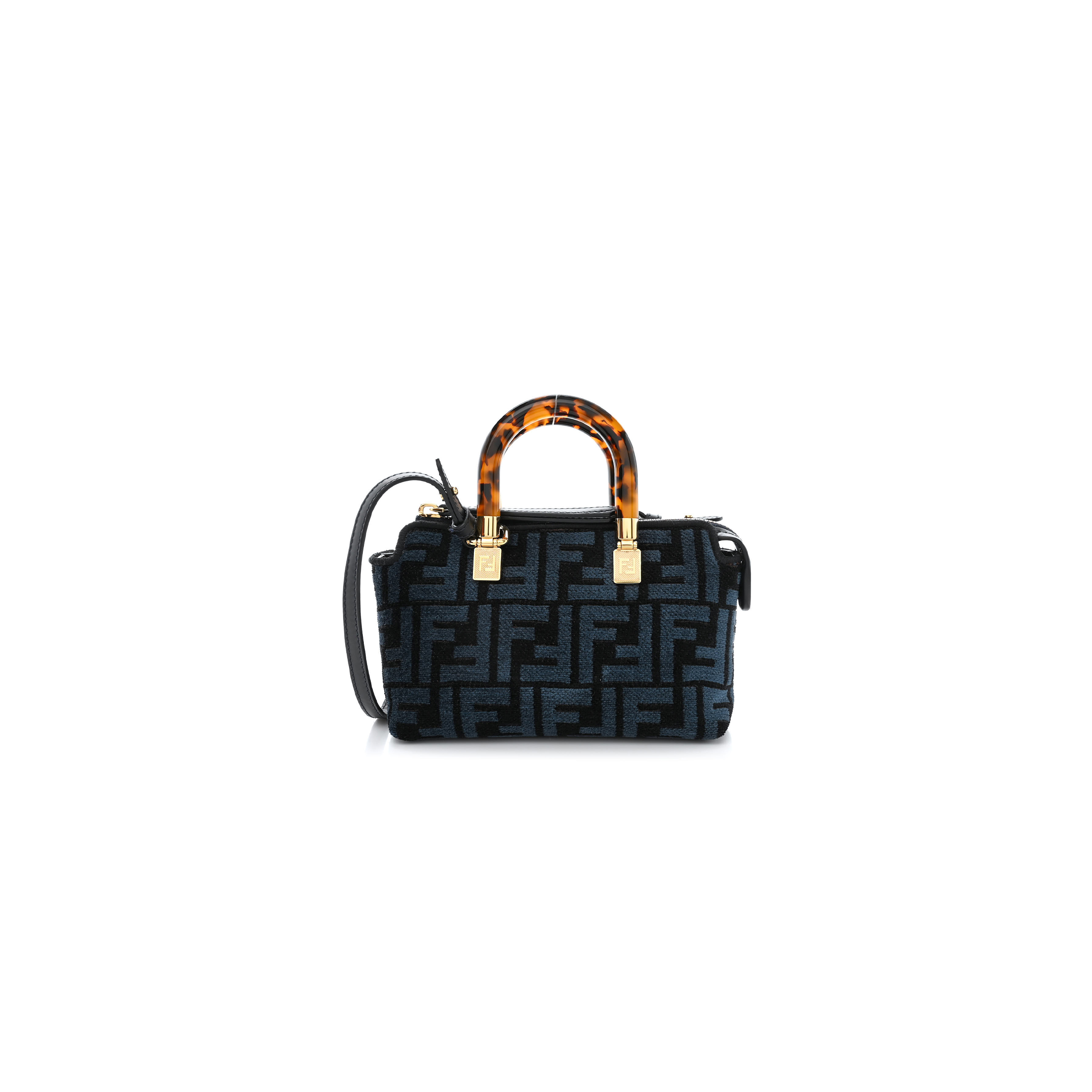 FENDI CHENILLE VITELLO KING PLEXIGLASS FF MINI BY THE WAY TOP HANDLE BOSTON BAG BLUE BLACK (17*11*8cm)