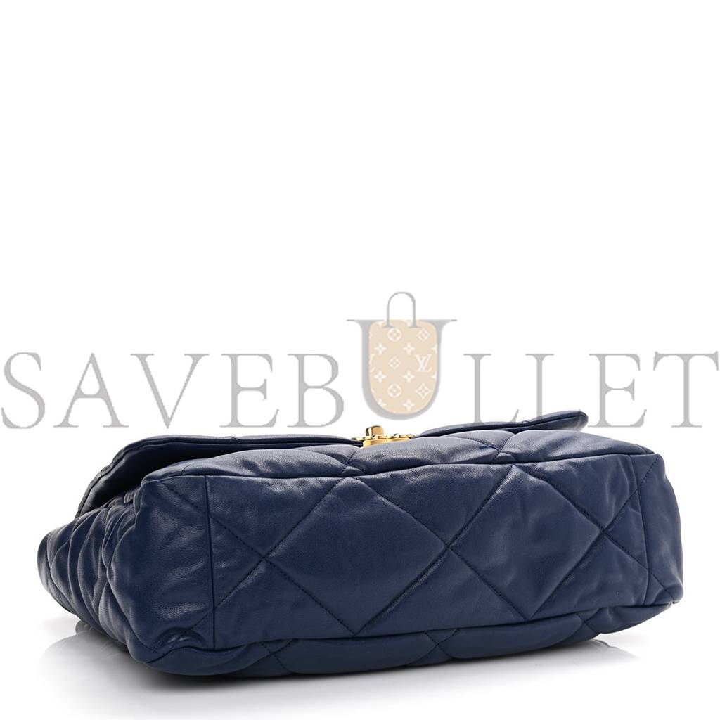 CHANEL GOATSKIN QUILTED MAXI CHANEL 19 FLAP BLUE GOLD HARDWARE (36*24*10cm)