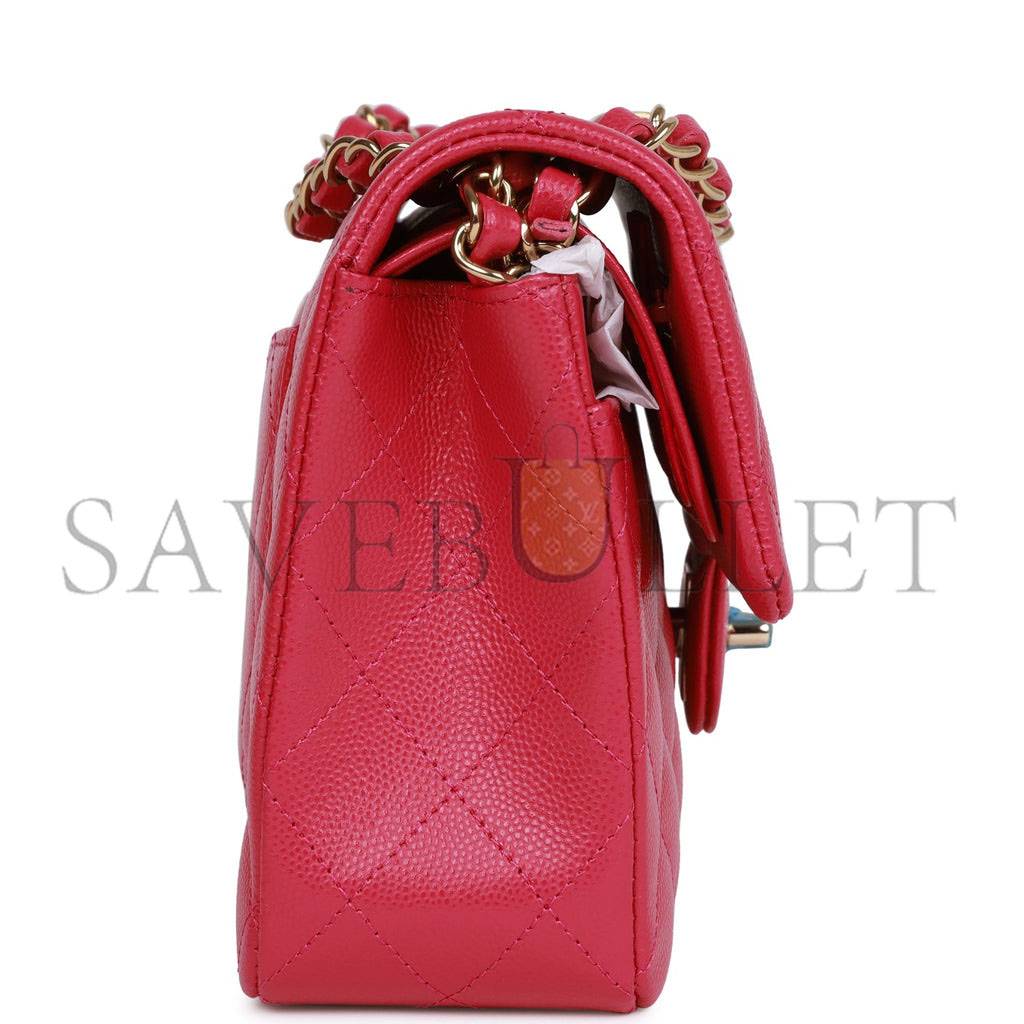 CHANEL SMALL CLASSIC DOUBLE FLAP FUCHSIA CAVIAR LIGHT GOLD HARDWARE (23*13*6cm)