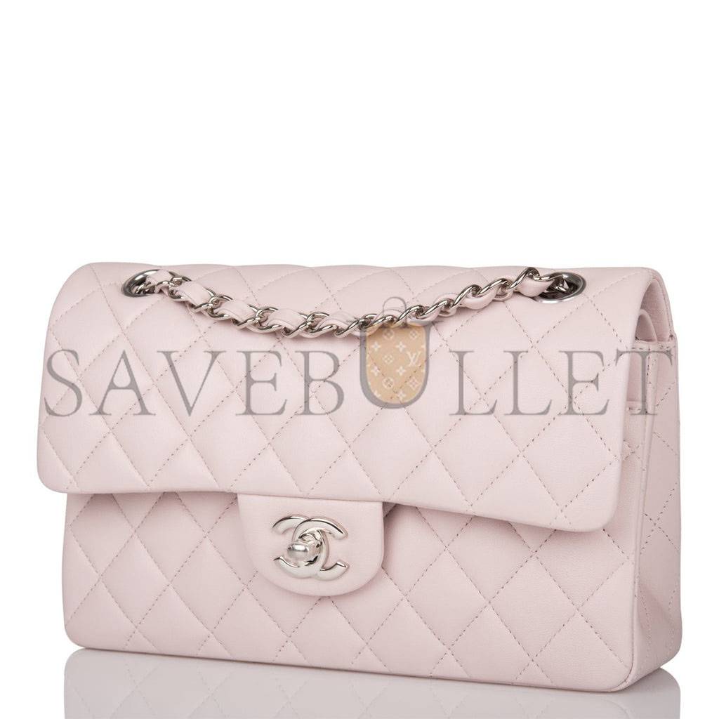 CHANEL SMALL CLASSIC DOUBLE FLAP BAG LIGHT PURPLE LAMBSKIN SILVER HARDWARE (23*13*6cm)