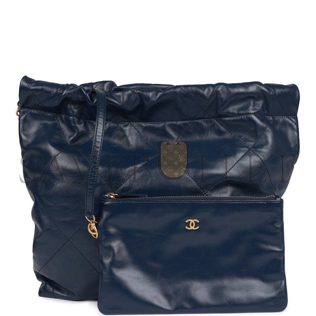 CHANEL LARGE 22 BAG NAVY LAMBSKIN ANTIQUE GOLD HARDWARE (46*45*10cm)