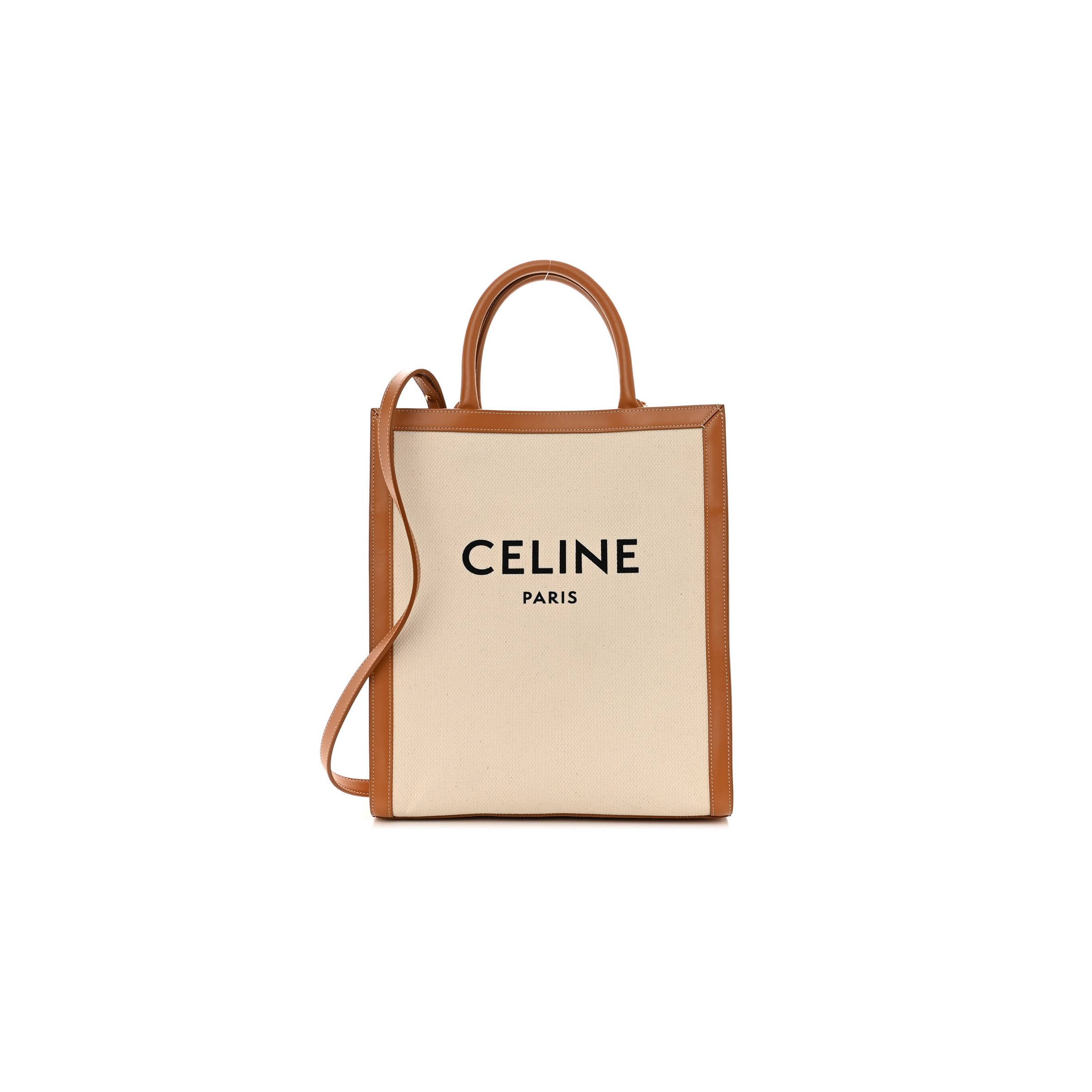 CELINE CANVAS CALFSKIN LOGO PRINT SMALL VERTICAL CABAS NATURAL TAN (33*28*8cm)