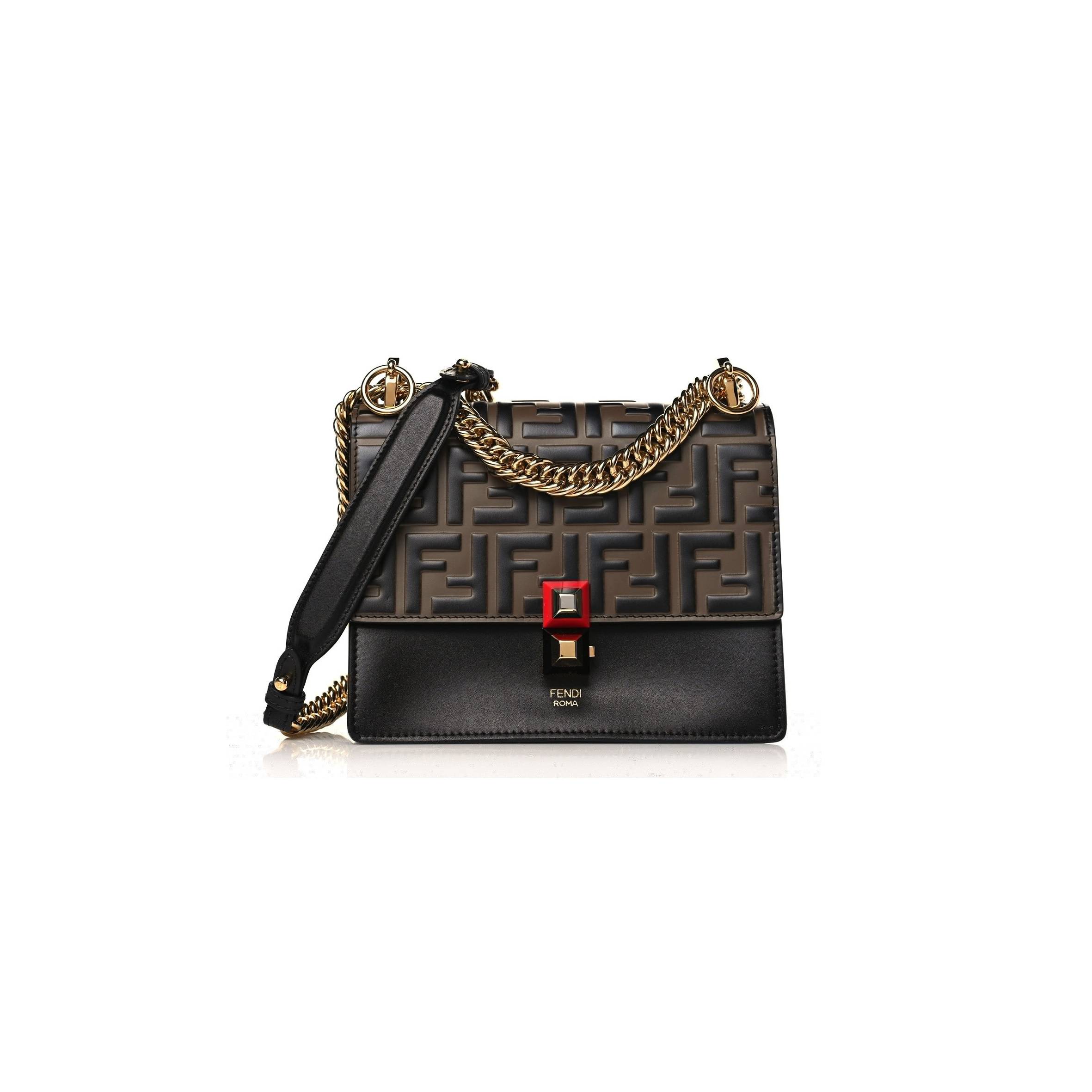 FENDI VITELLO LIBERTY BI-COLOR FF 1974 EMBOSSED SMALL KAN I SHOULDER BAG BLACK MAYA (19*16*9cm) FENDI VITELLO LIBERTY BI-COLOR FF 1974 EMBOSSED SMALL KAN I SHOULDER BAG BLACK MAYA (19*16*9cm)